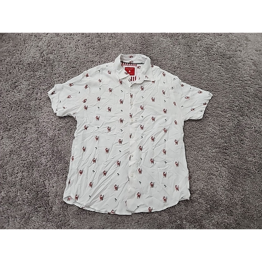 Denim & Flower Button Up Shirt Mens M White Skiing Santa Short Sleeve Christmas